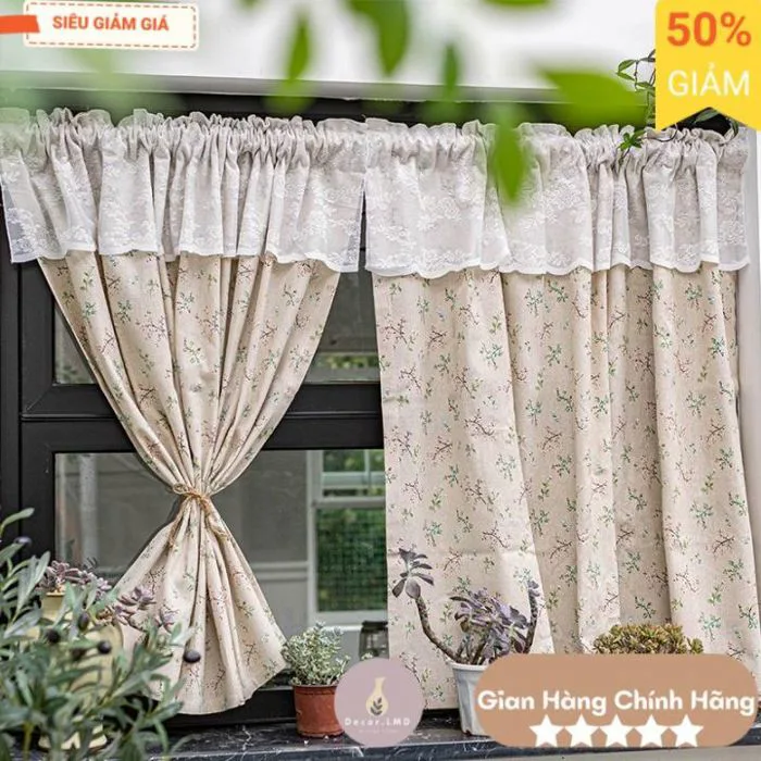 Rèm cửa sổ hoa be xám phối ren trắng thơ mộng vintage, màn cửa decor trang  trí phòng ngủ phòng khách quán cafe | Lazada Việt Nam