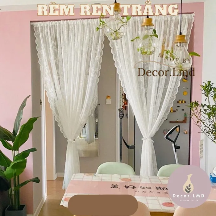 Rèm cửa sổ vải ren, rèm cửa phối ren hoạ tiết hoa trắng cực tây, trang trí  phòng phong cách bắc âu