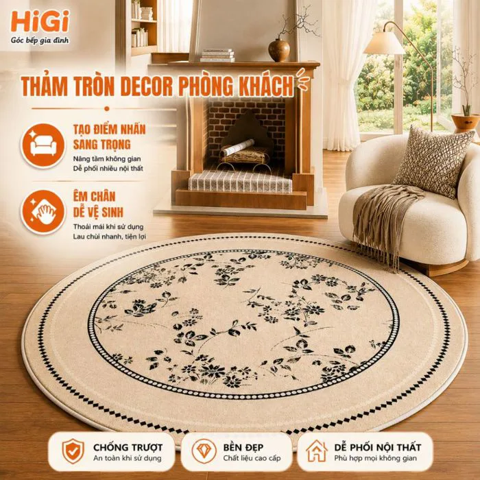 Thảm Tròn Decor Phòng Khách Êm Chân Chống Trượt Dễ Vệ Sinh, Thảm Trải Sàn Vintage Trang Trí Phòng Ngủ
