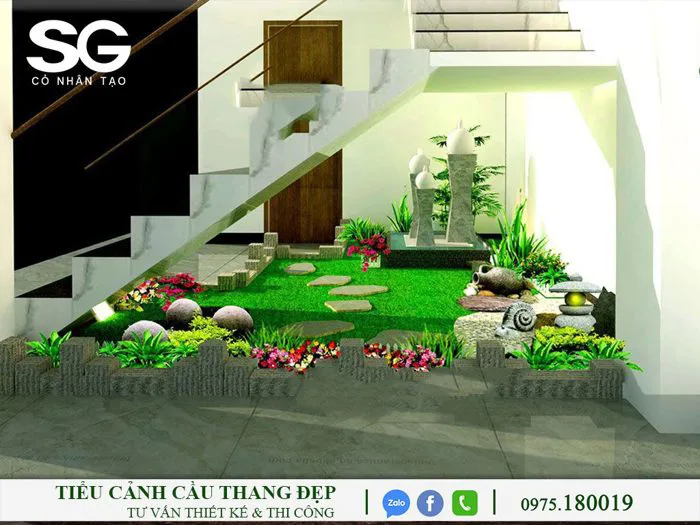 Cỏ nhân tạo làm tiểu cảnh trang trí chân cầu thang | Cỏ nhân tạo SG