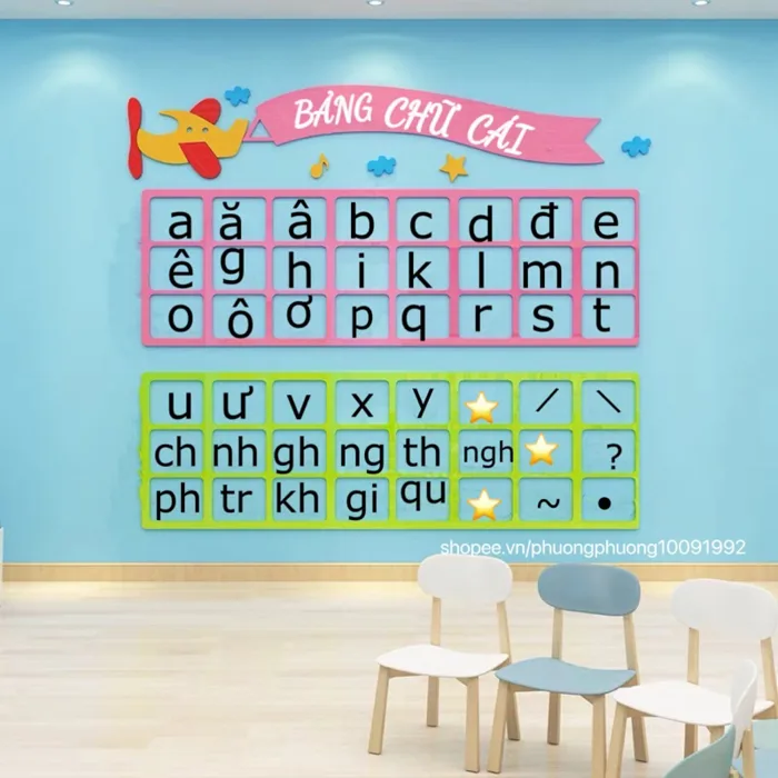 Tranh mica dán tường bảng chữ cái tiếng việt trang trí phòng học, trường mầm non, lớp học Tranh mica dán tường bảng chữ cái tiếng việt trang trí phòng học, trường mầm non, lớp học
