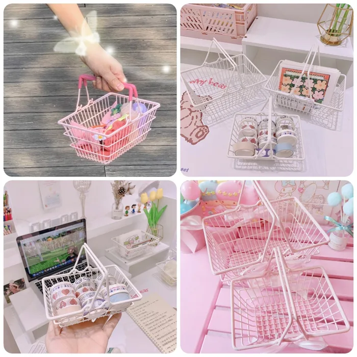 Giỏ tay cầm màu hồng thắt nơ pastel xinh xắn ( Rổ picnic cắm trại , rổ trang trí góc học tập ) Giỏ tay cầm màu hồng thắt nơ pastel xinh xắn ( Rổ picnic cắm trại , rổ trang trí góc học tập )