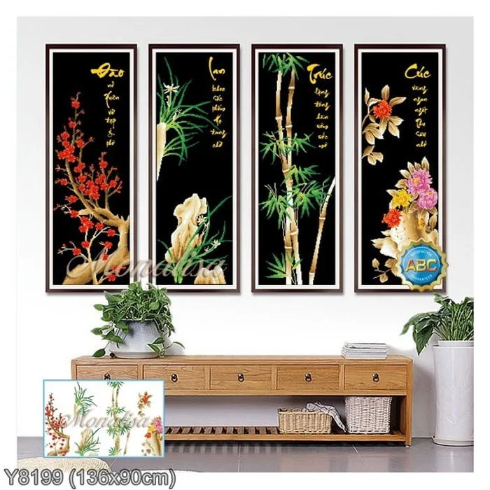 Tranh đính đá Tứ Quý Xuân Hạ Thu Đông (Tranh bộ nền đen Đào Lan Cúc Trúc)  kích thước lớn ✓ Y8199