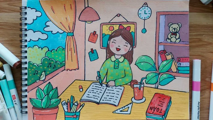 Vẽ tranh chủ đề học tập | Vẽ góc học tập #vetranhdongian #vetranhdep #vetranh #drawing