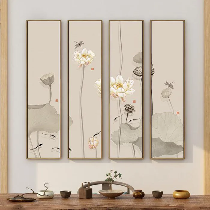 Bộ 4 Tranh treo tường phòng khách, decor phòng ngủ - tranh hoa sen cát  tường HS44