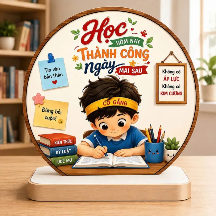 Tranh Để Bàn Gỗ tạo động lực cho học sinh,quà tặng ý nghĩa, decor trang trí  lớp học cho các bé vui đến trường SIZE 20CM