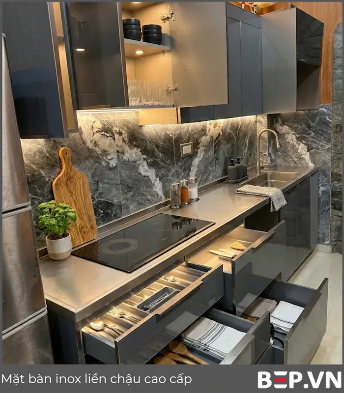 Tủ bếp inox cánh kính nhập khẩu nhà chú Hưng | Bep.vn