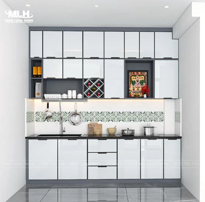 Tủ bếp inox cánh kính chữ i màu trắng TIML07