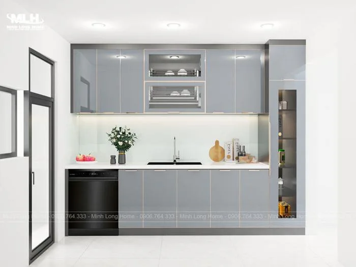 Tủ bếp inox cánh kính màu xám ghi TIML11