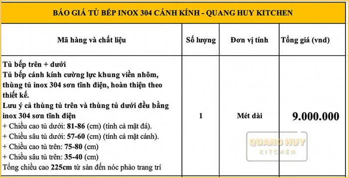 Tủ bếp inox cánh kính cường lực bảo hành vĩnh viễn han gỉ