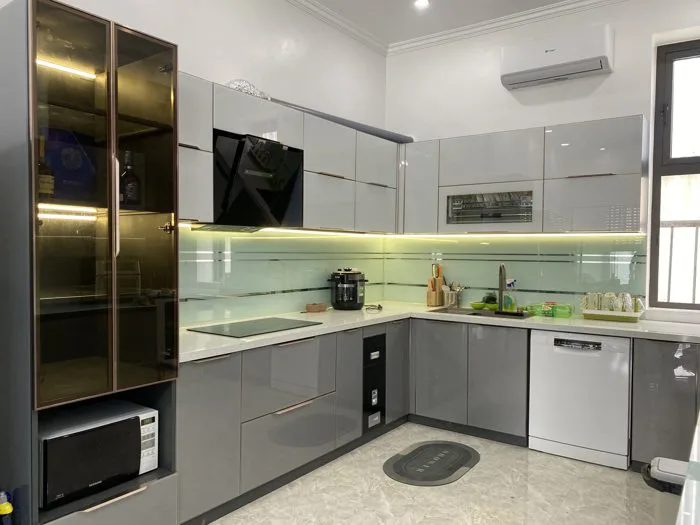Tủ bếp inox, cánh kính cường lực cao cấp ID 05 | Nội Thất D-Homes