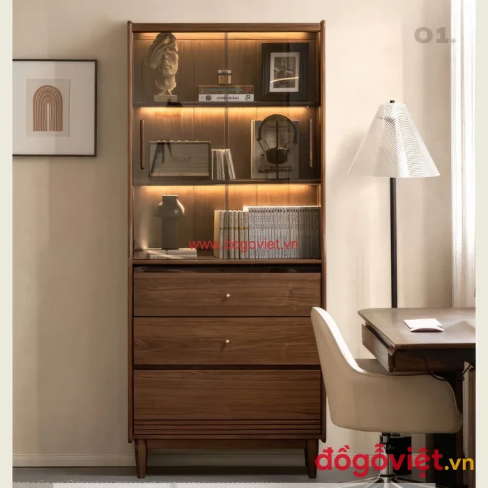 Tủ Decor Phòng Khách Dáng Đứng Gỗ Sồi Cửa Kính Hiện Đại