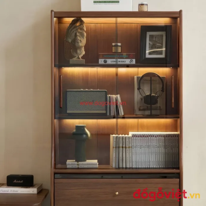 Tủ Decor Phòng Khách Dáng Đứng Gỗ Sồi Cửa Kính Hiện Đại