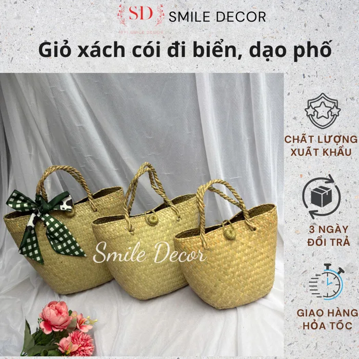 Túi cói đi biển dạo phố Smile Decor, giỏ xách thời trang vintage