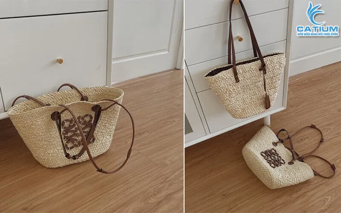Túi Cói Hai Quai Logo Gỗ Đeo Vai Phong Cách Vintage