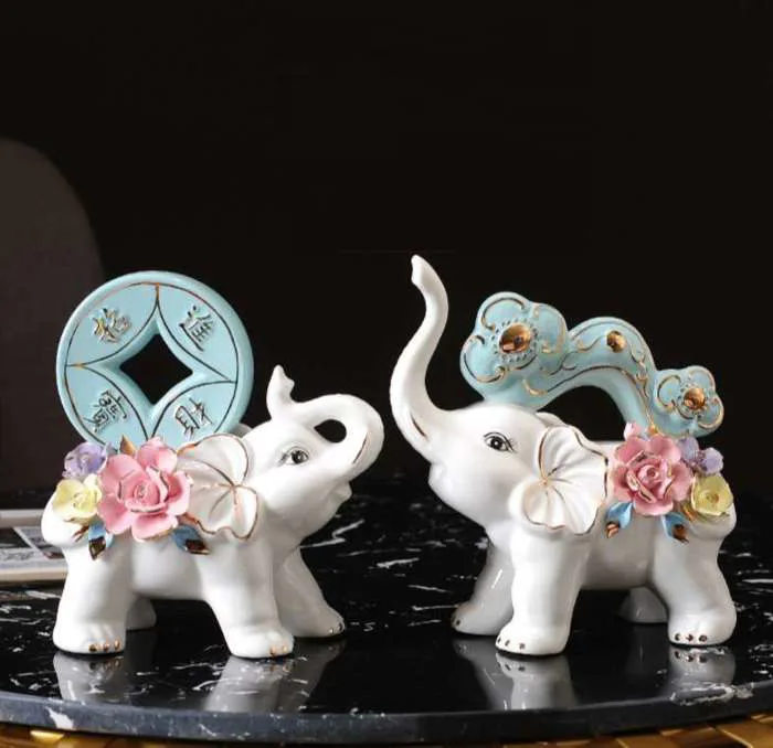Tượng Voi Gốm Sứ Decor Để Bàn Làm Việc Cầu Tàu, Cầu May