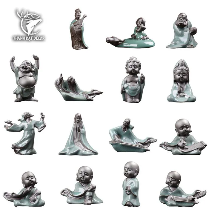 Tượng Gốm Sứ mini Tráng Men Hình Chú Tiểu và Lão Tử Trang Trí Tiểu Cảnh,